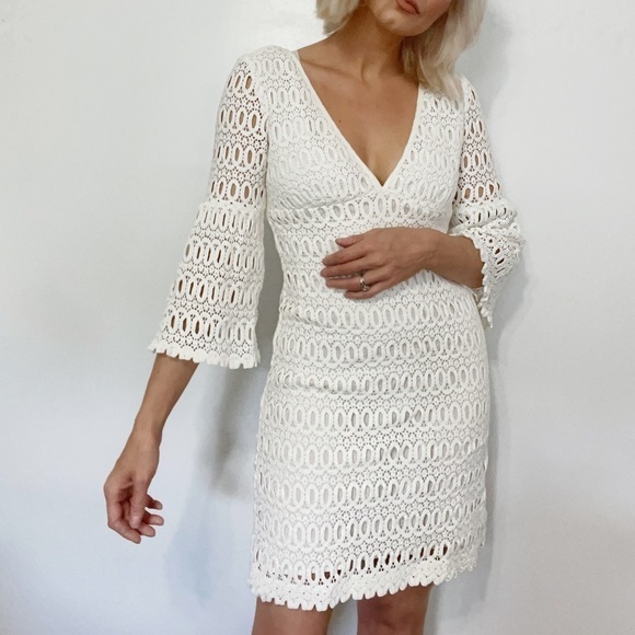 Trina Turk Crochet Chateau Bell Sleeve Mini Dress - Picture 1 of 7